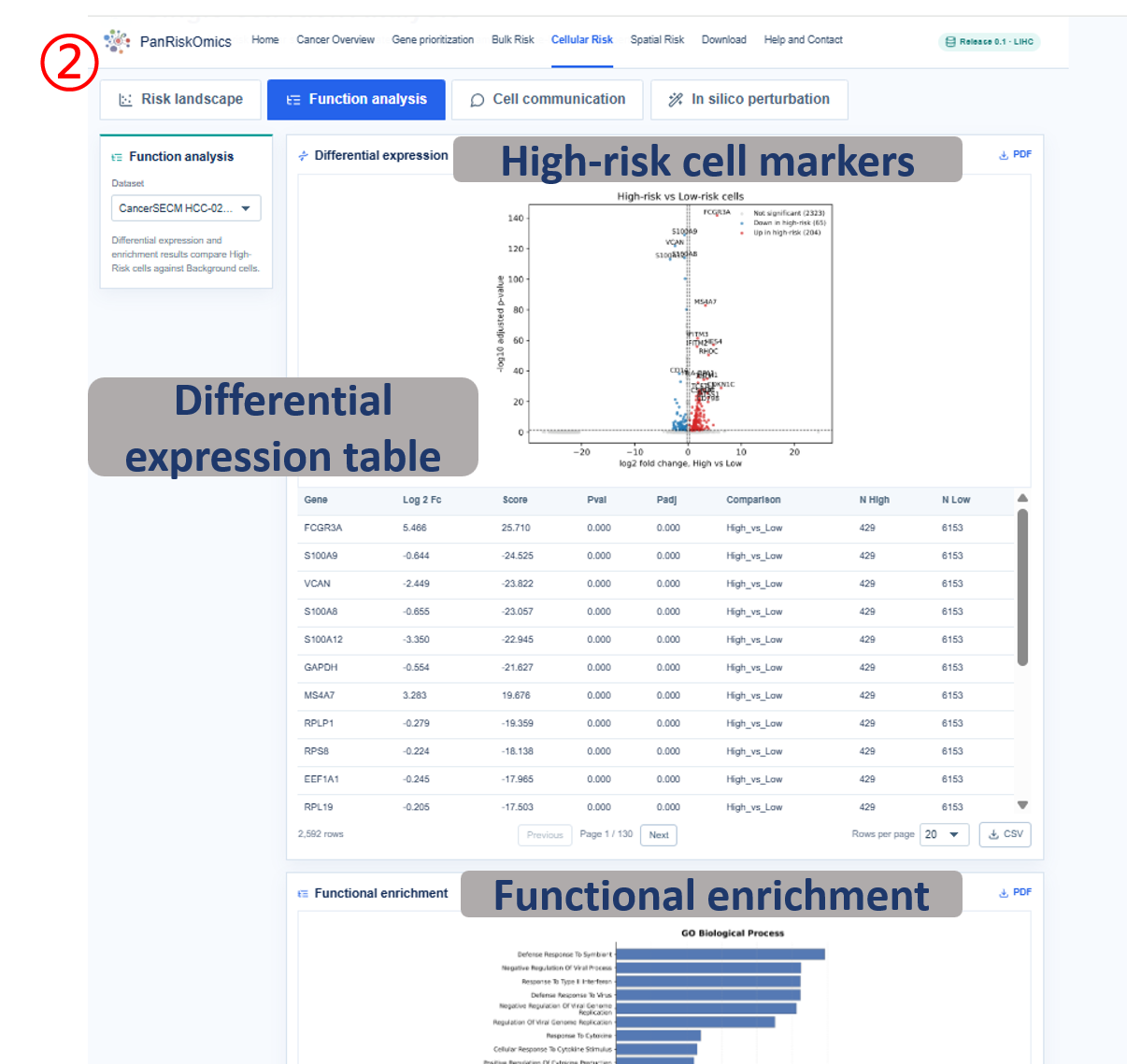Cellular risk differential expression table, markers and enrichment
